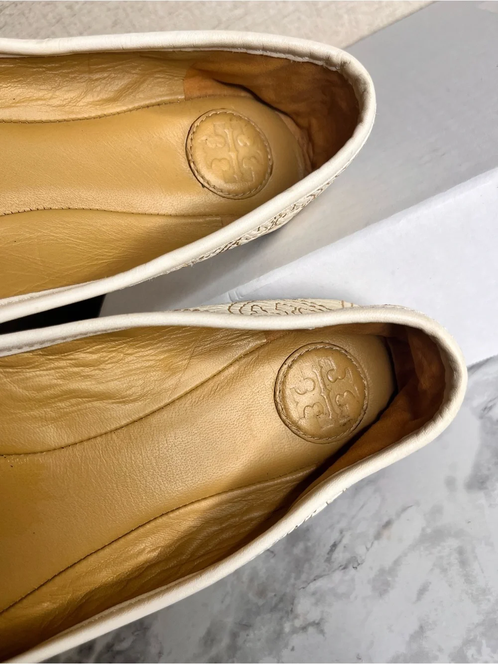 Tory Burch Cream Embroidered Ballet Flat with Logo Medallion